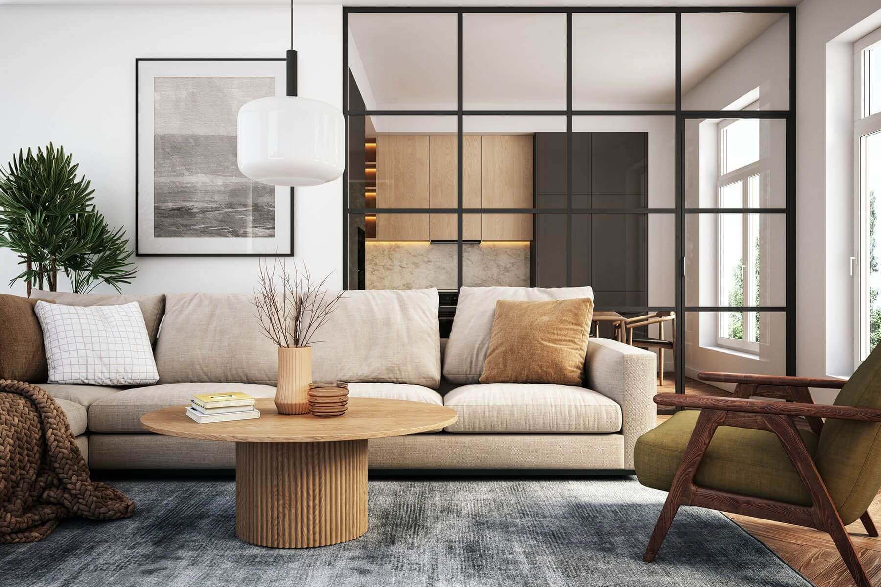 Modern living room with neutral tones and cozy seating.