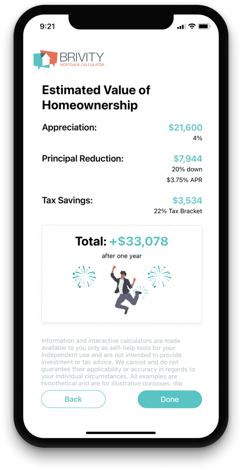 Savings summary showing appreciation, principal reduction, and tax savings.
