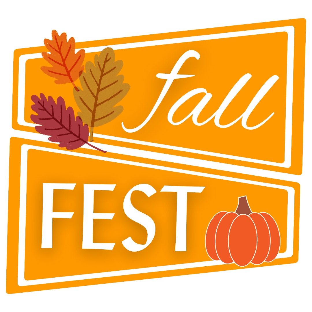 Bright orange logo for Fall Fest with autumn leaves and a pumpkin.