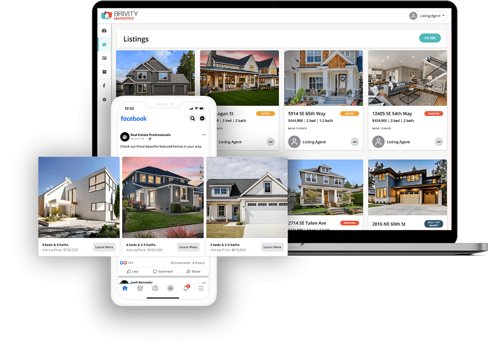 Real estate listings displayed on desktop and mobile devices.