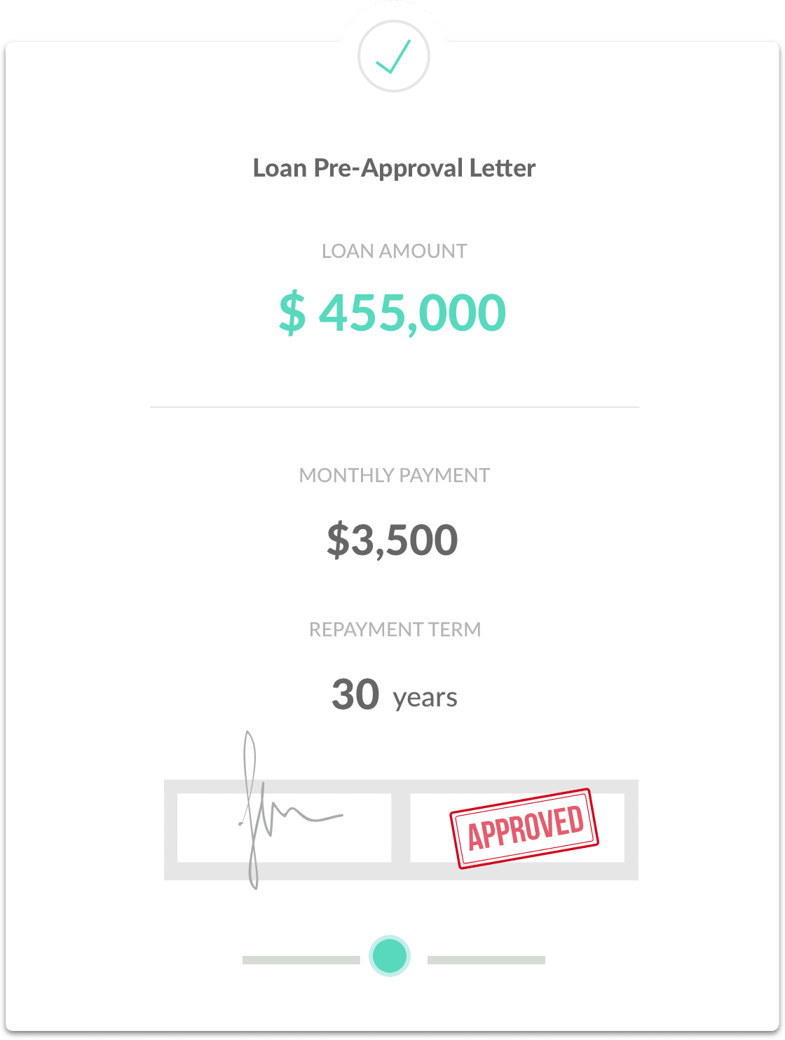 Loan pre-approval letter for $455,000 with $3,500 monthly payment over 30 years, stamped approved.