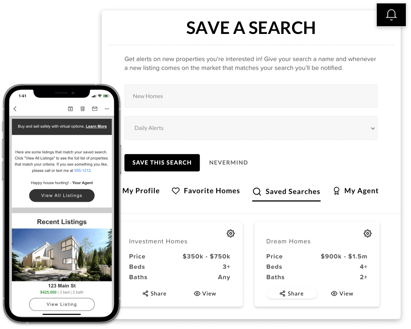 Website interface showing 'Save a Search' feature with options and saved searches.